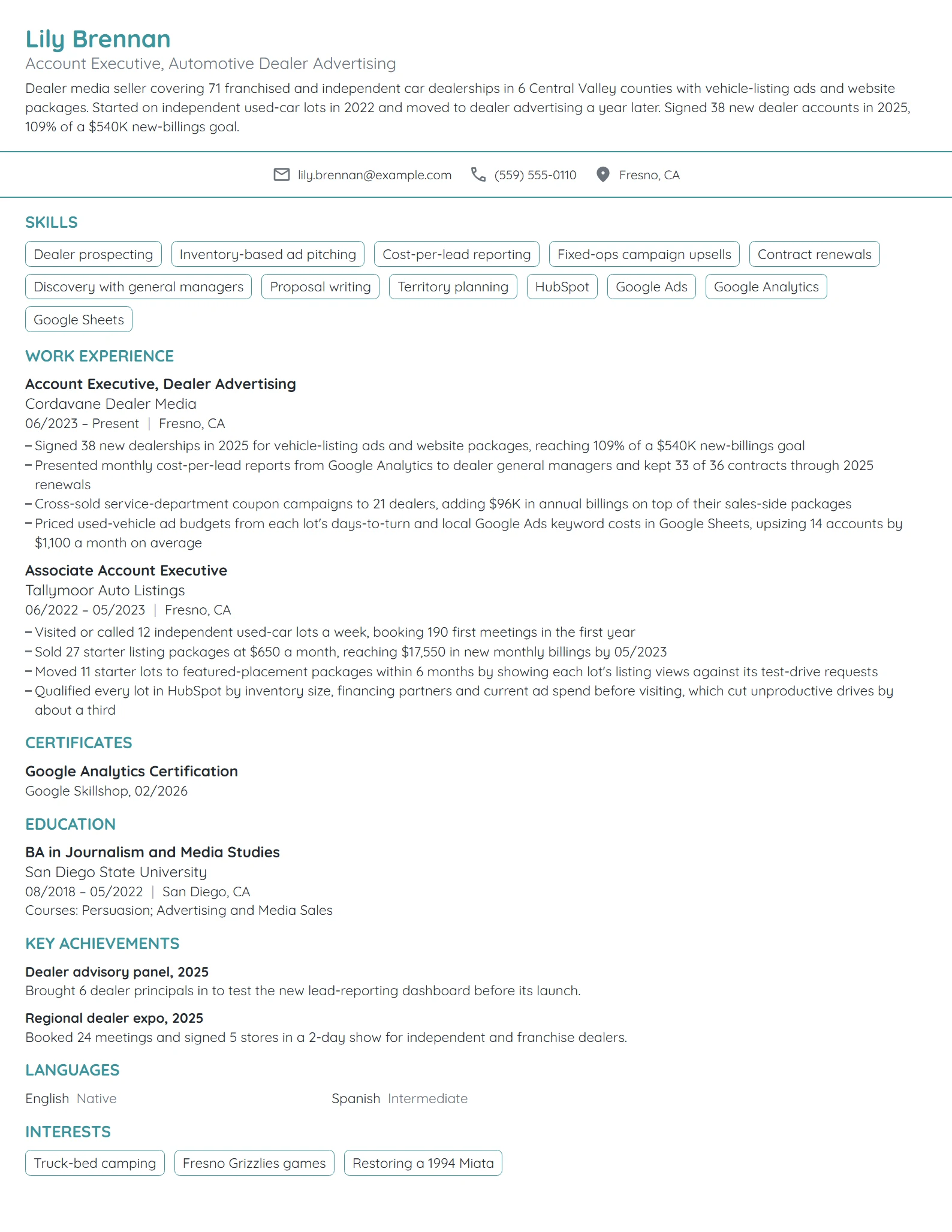 Automotive Account Executive resume example