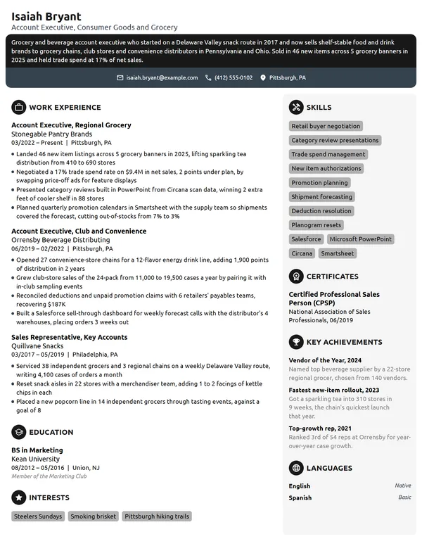 Consumer Goods Account Executive resume example