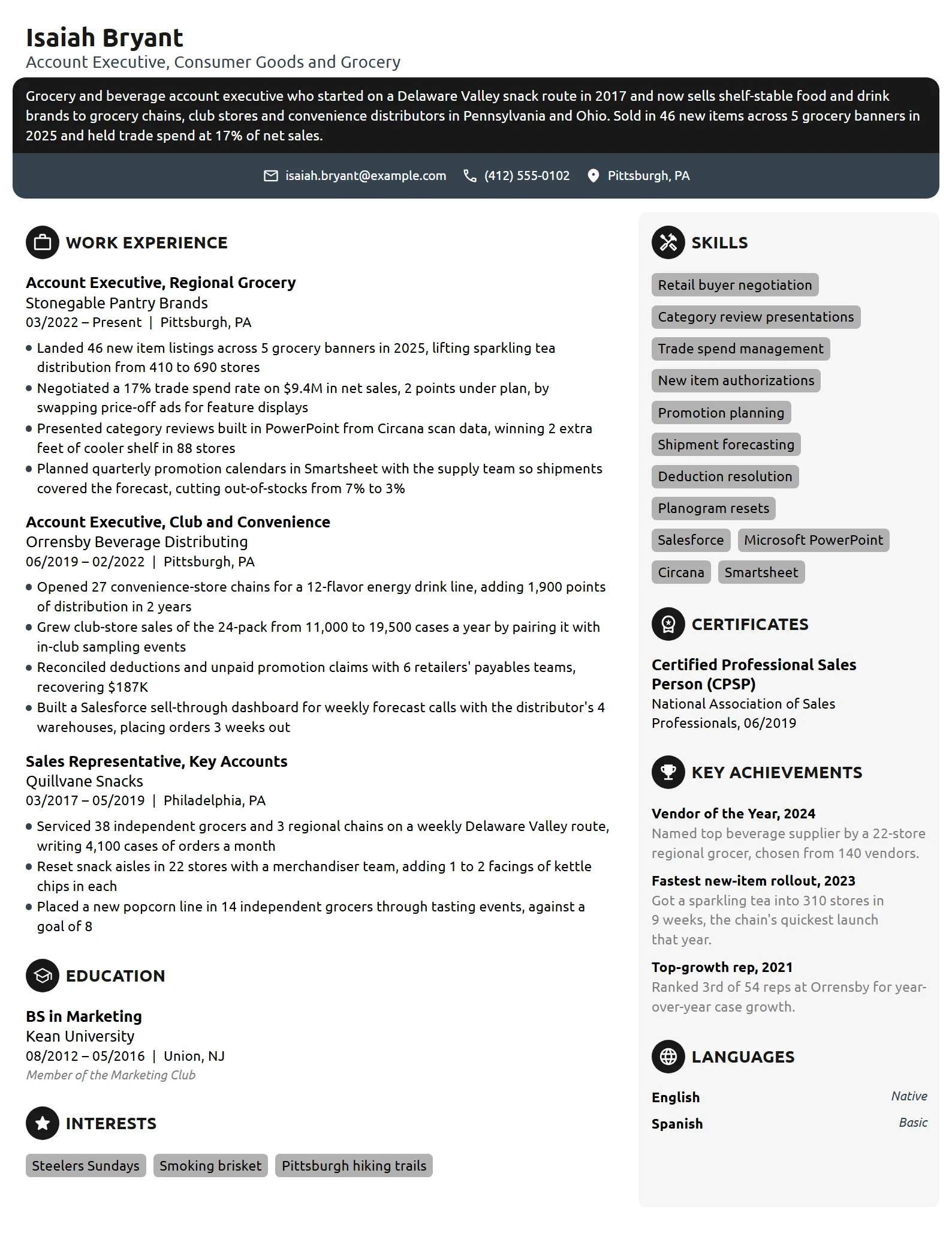 Consumer Goods Account Executive resume example