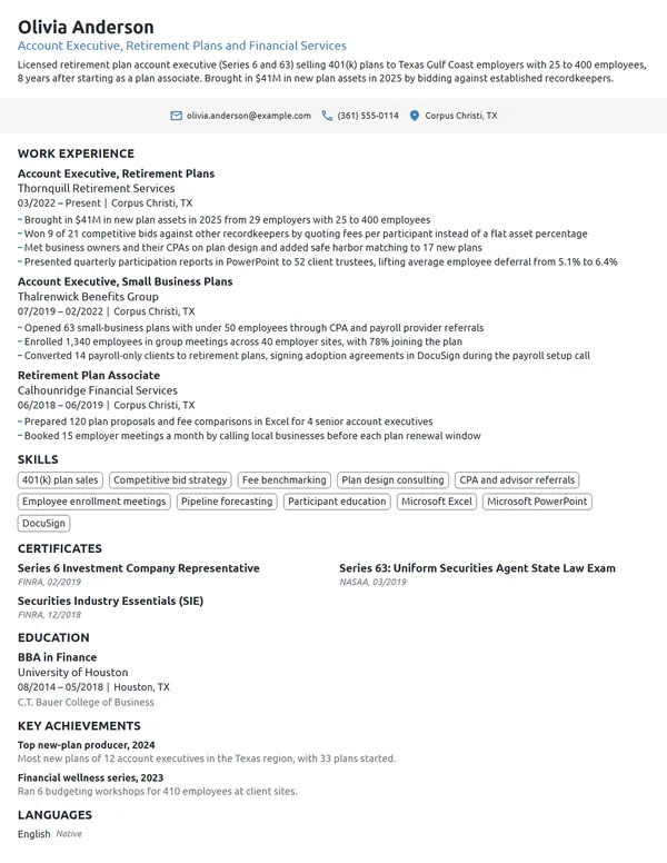 Financial Services Account Executive resume example