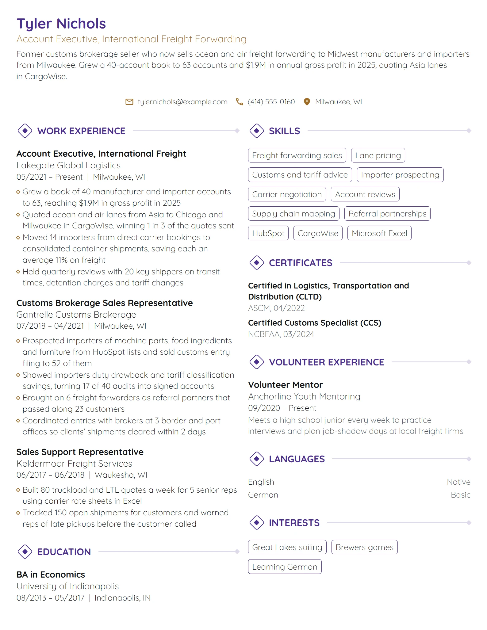Logistics Account Executive resume example