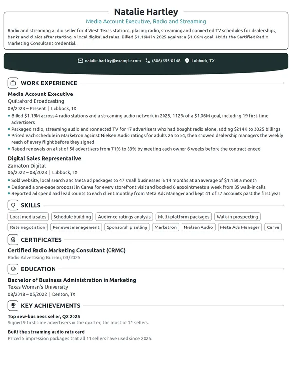 Media Account Executive resume example