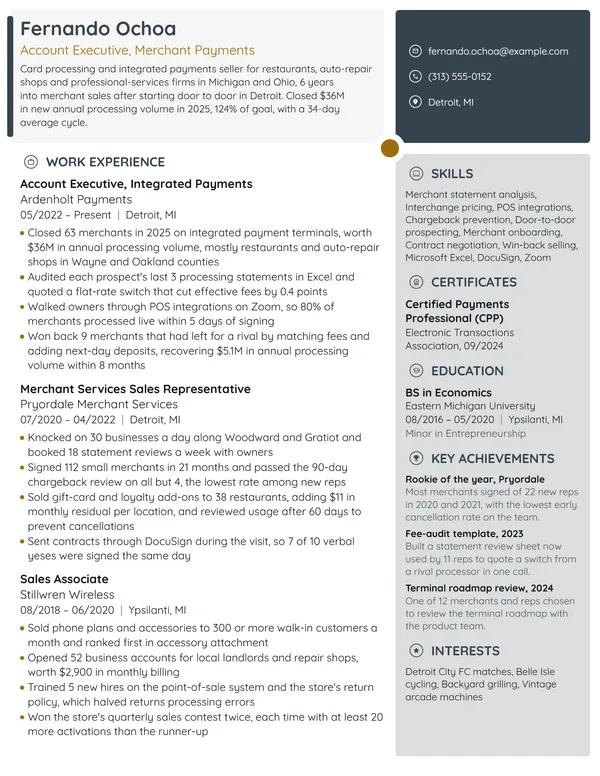 Payments Account Executive resume example