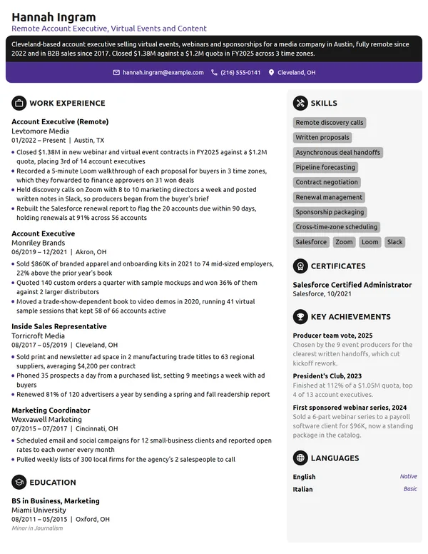 Remote Account Executive resume example