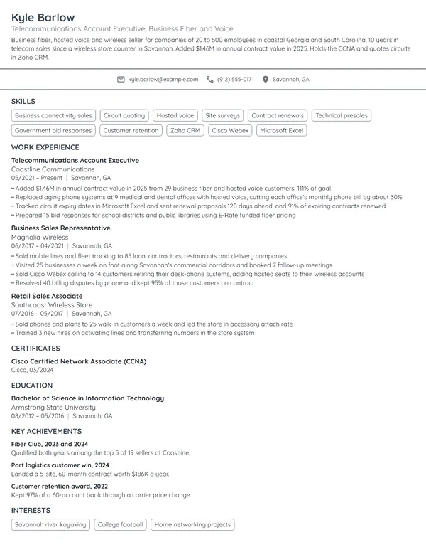 Telecommunications Account Executive resume example