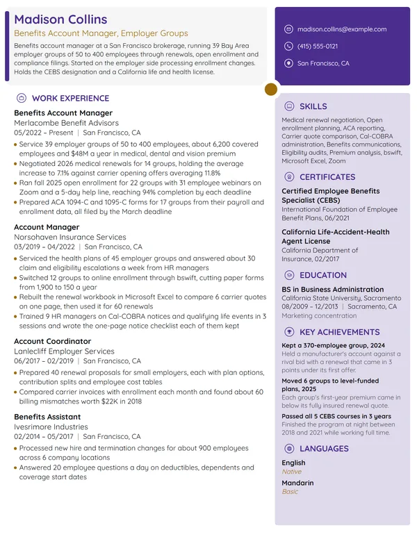 Benefits Account Manager resume example