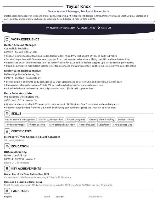 Dealer Account Manager resume example