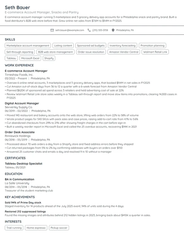 E-commerce Account Manager resume example
