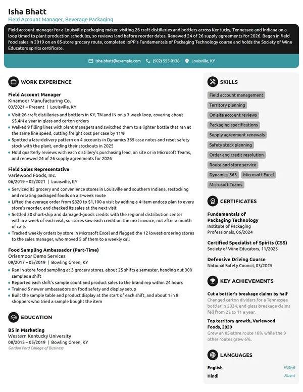 Field Account Manager resume example