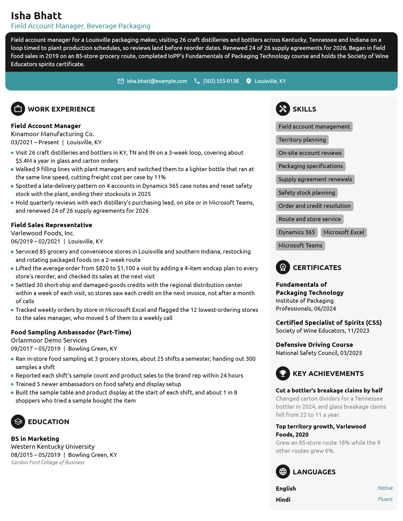 Field Account Manager resume example