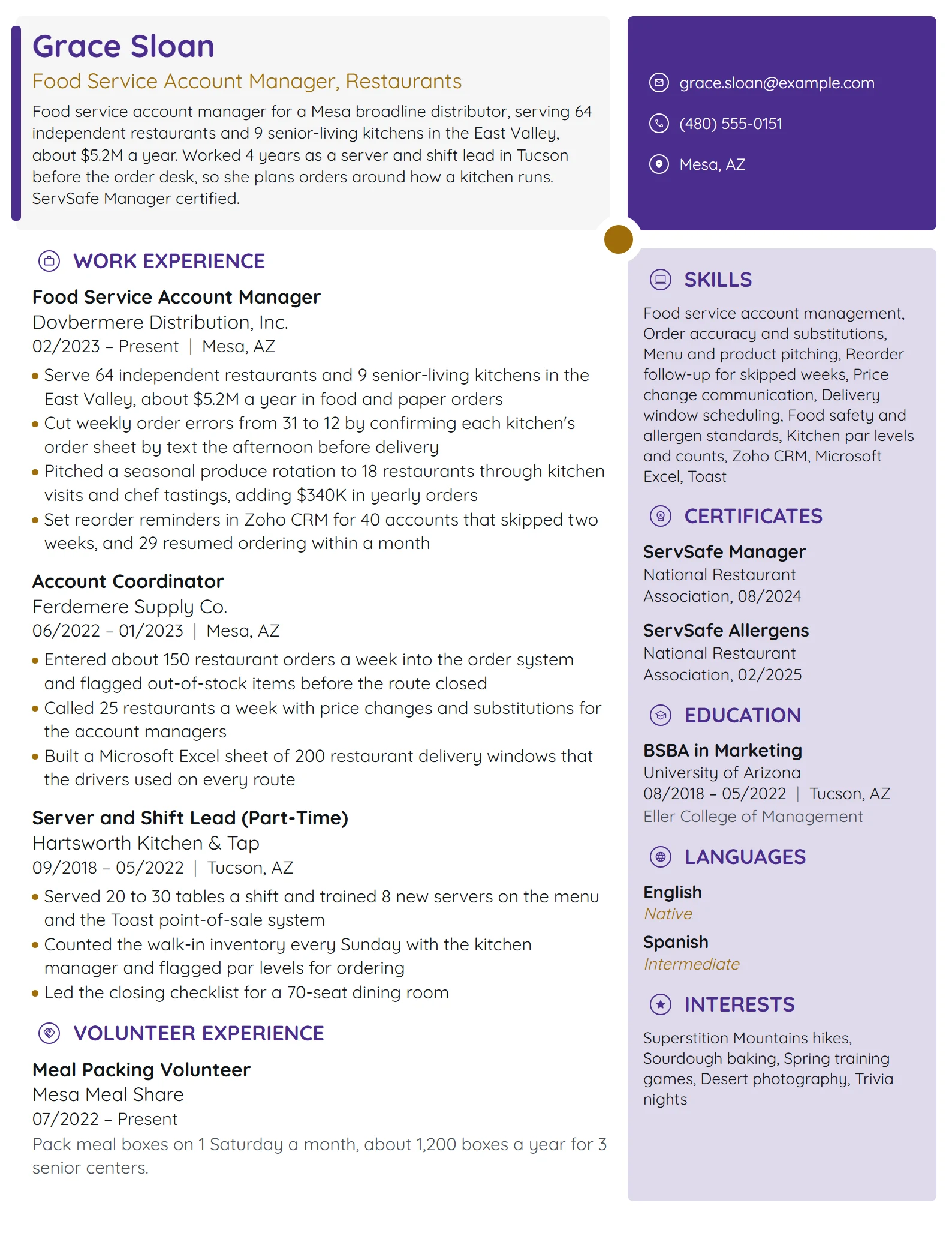 Food Service Account Manager resume example