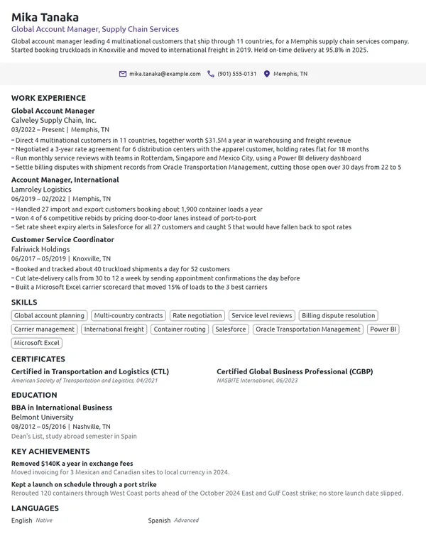 Global Account Manager resume example
