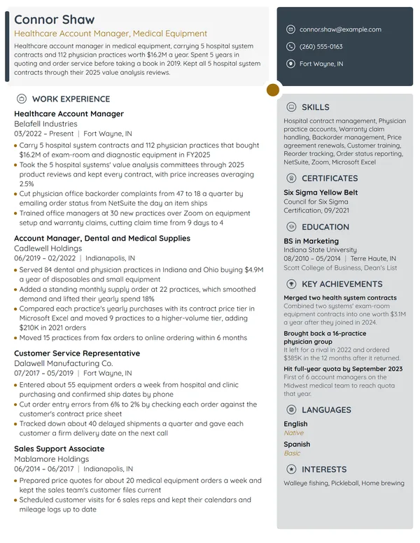 Healthcare Account Manager resume example