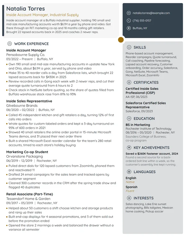 Inside Account Manager resume example