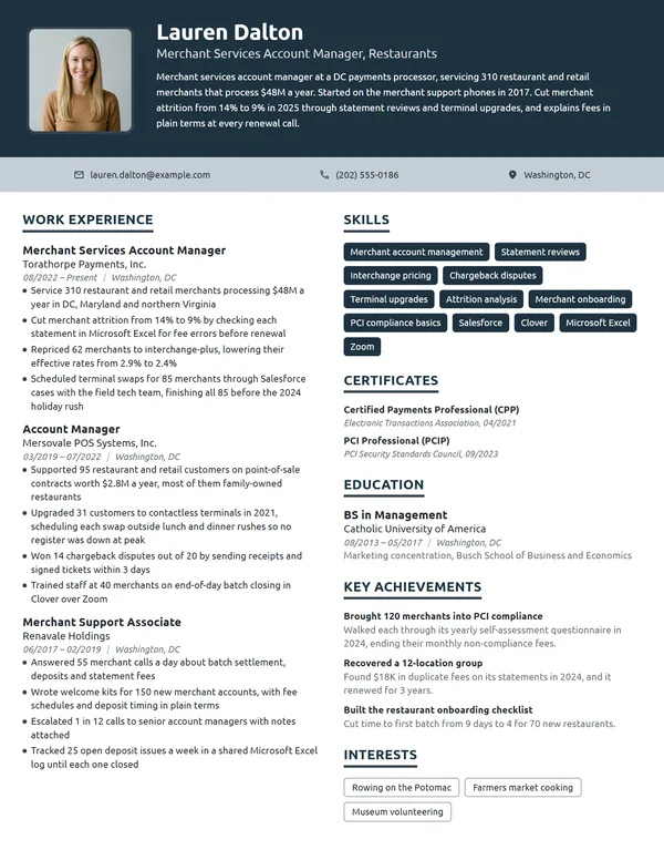 Merchant Services Account Manager resume example