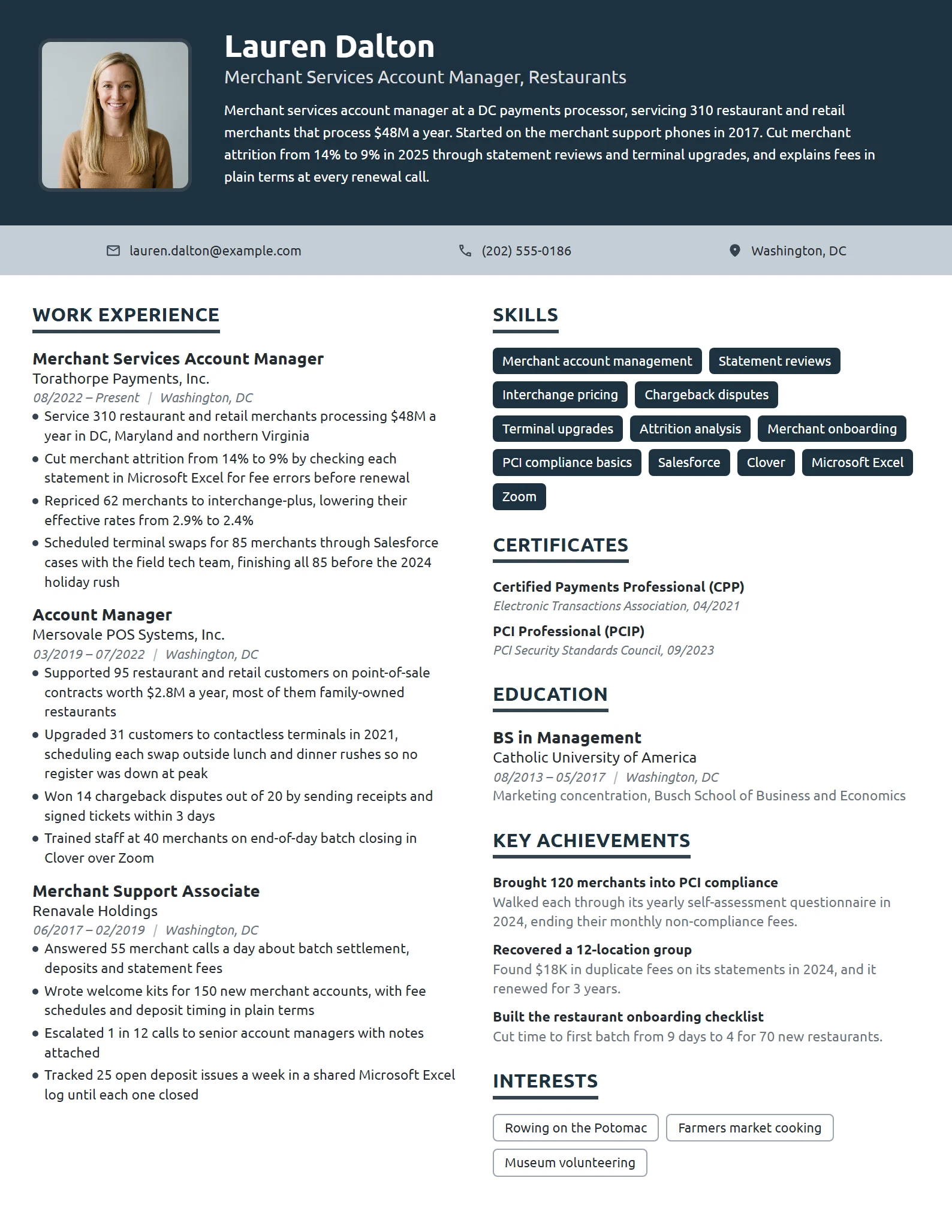 Merchant Services Account Manager resume example
