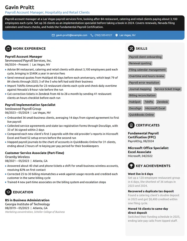 Payroll Account Manager resume example