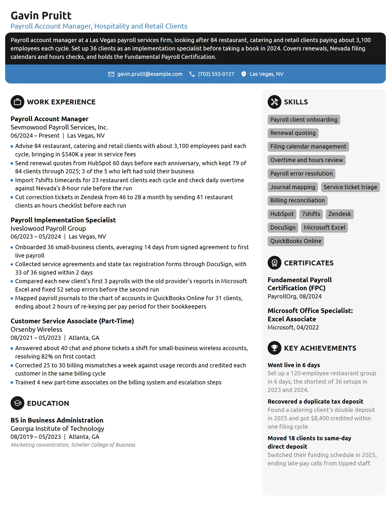 Payroll Account Manager resume example