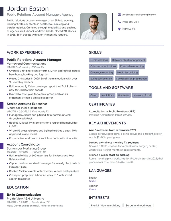 Public Relations Account Manager resume example
