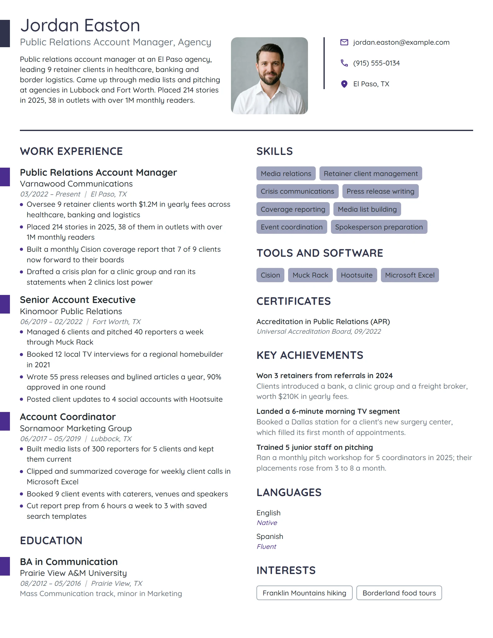 Public Relations Account Manager resume example