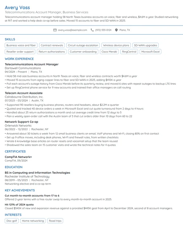 Telecommunications Account Manager resume example
