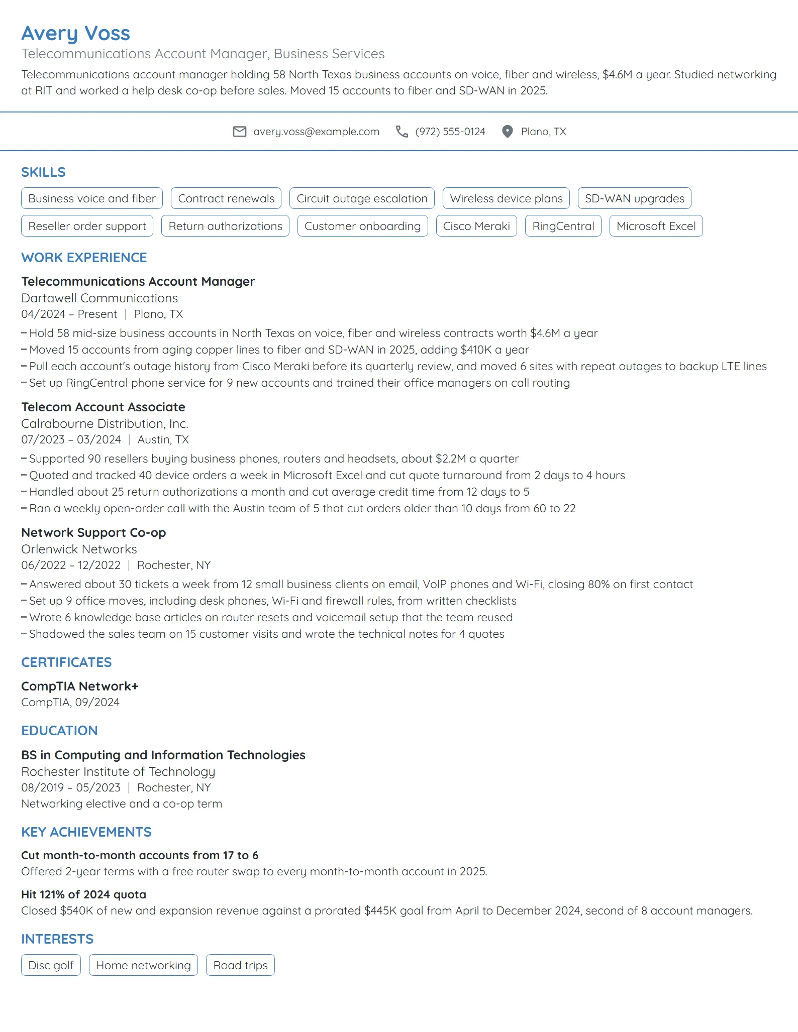 Telecommunications Account Manager resume example