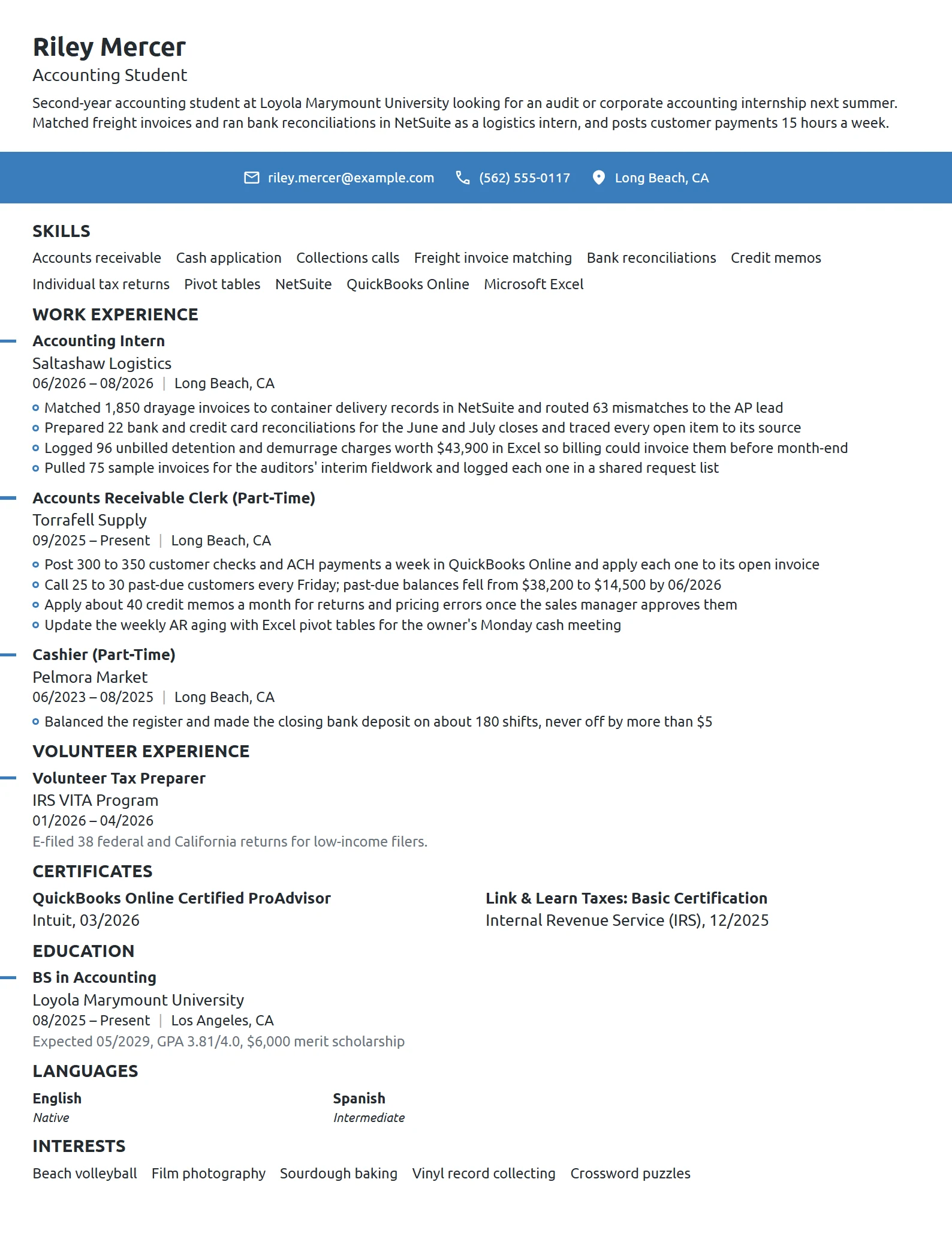 Accounting Intern resume example