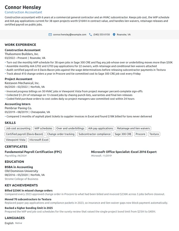 Construction Accountant resume example