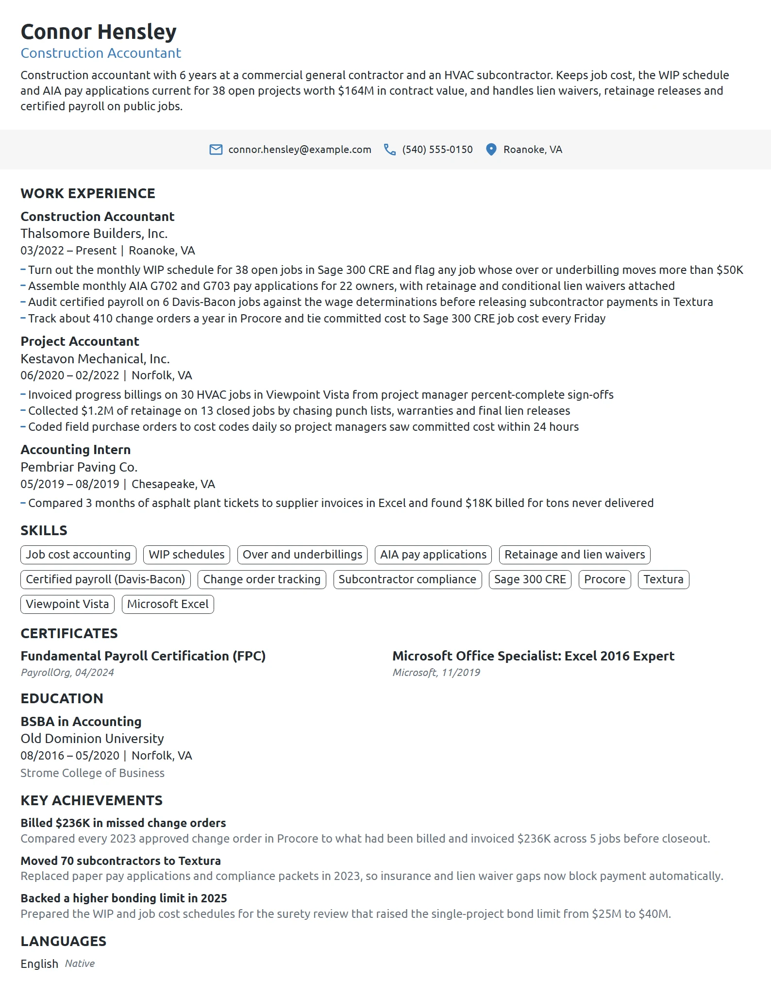 Construction Accountant resume example