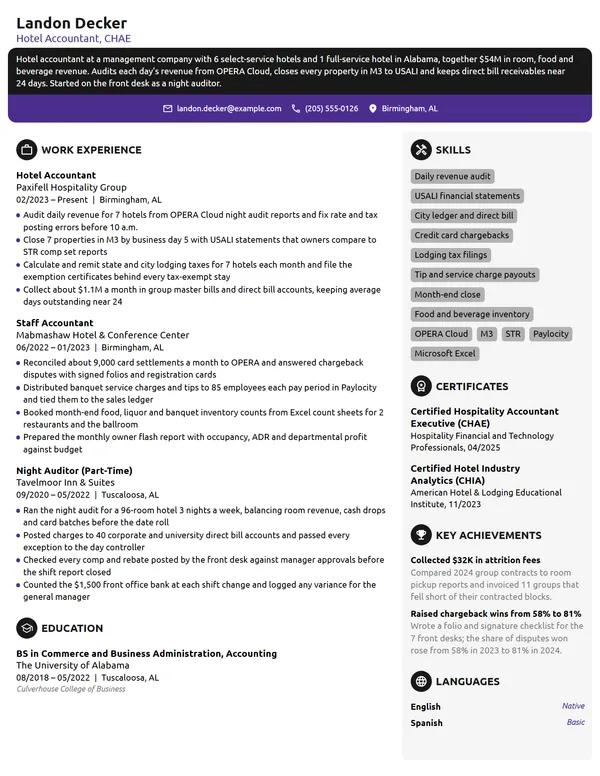 Hotel Accountant resume example