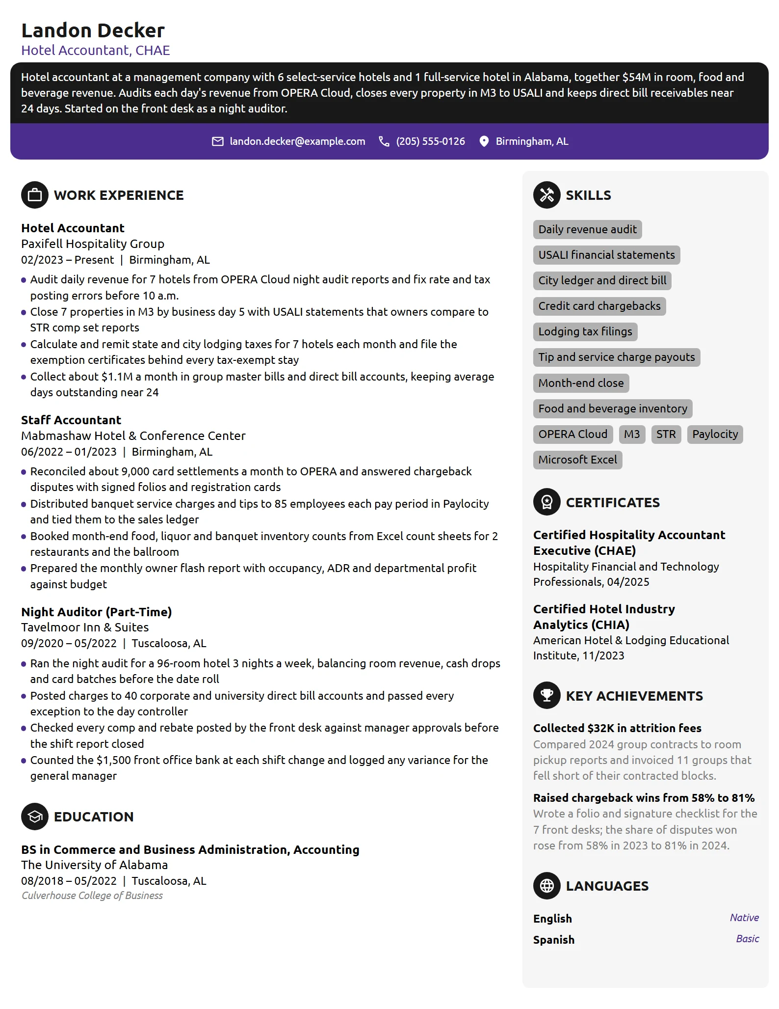 Hotel Accountant resume example