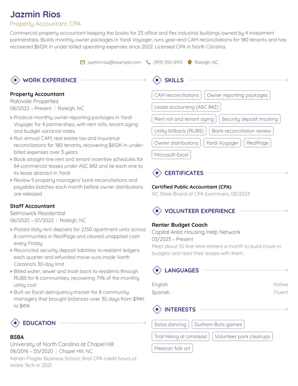 Property Accountant resume example