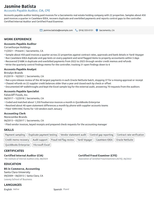 Accounts Payable Auditor resume example