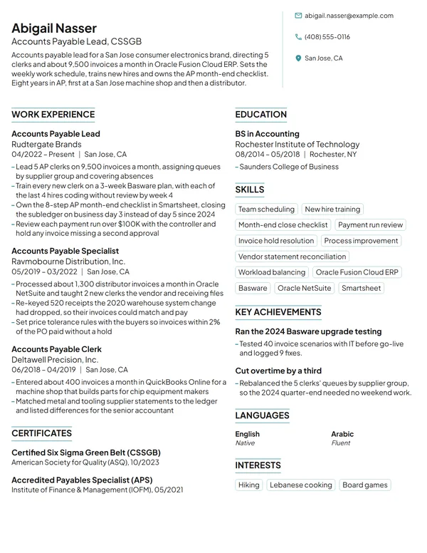 Accounts Payable Lead resume example