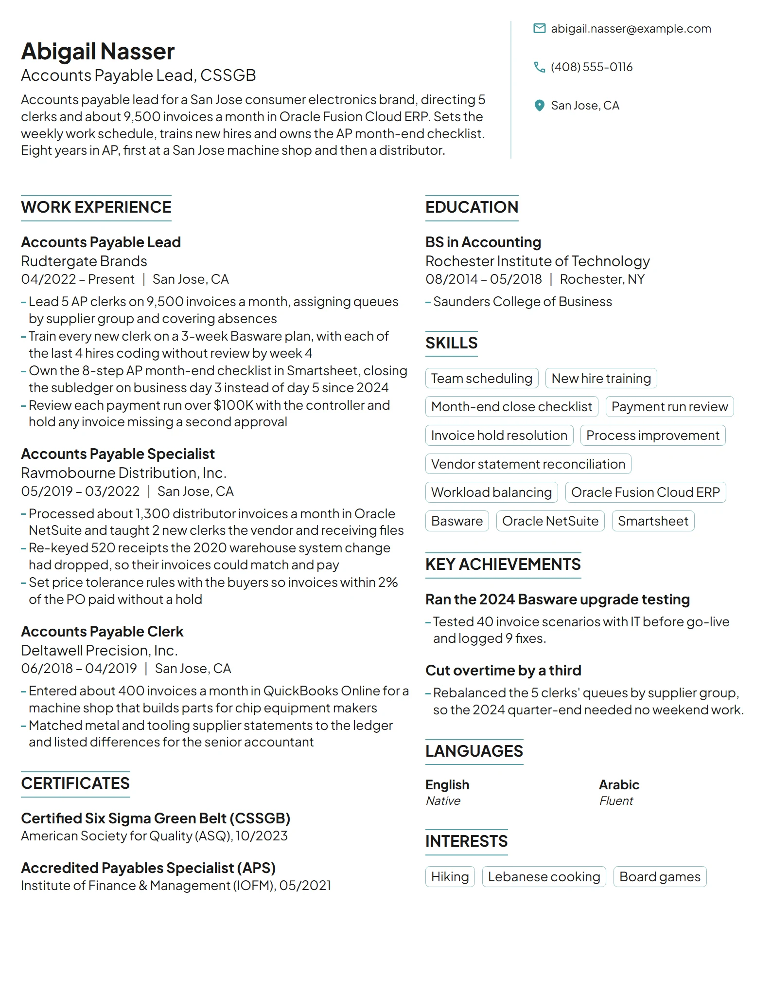 Accounts Payable Lead resume example