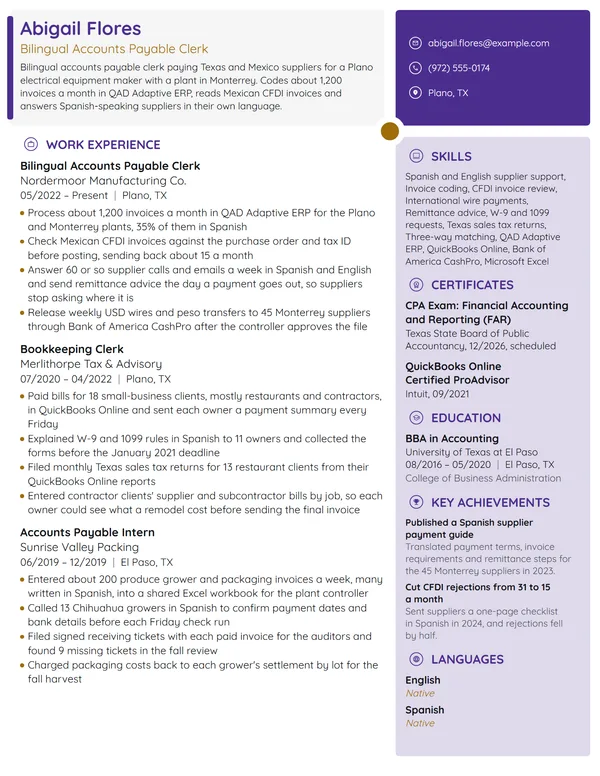 Bilingual Accounts Payable Clerk resume example