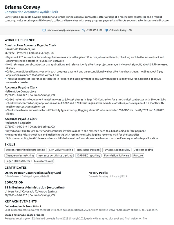 Construction Accounts Payable Clerk resume example
