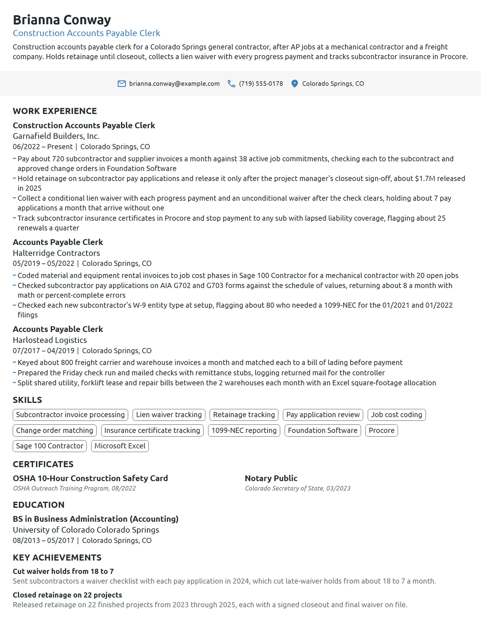 Construction Accounts Payable Clerk resume example