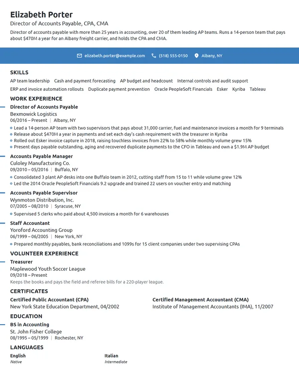 Director of Accounts Payable resume example