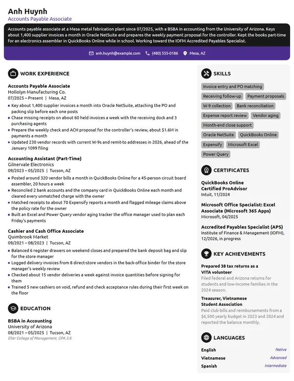 Entry-Level Accounts Payable Associate resume example