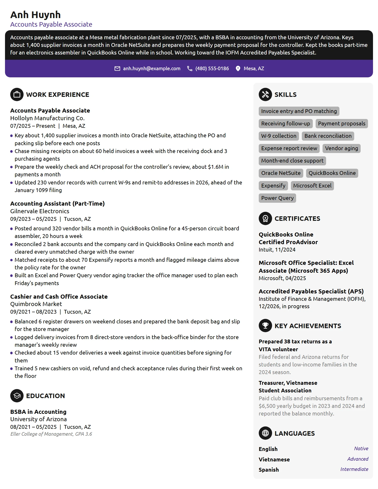 Entry-Level Accounts Payable Associate resume example
