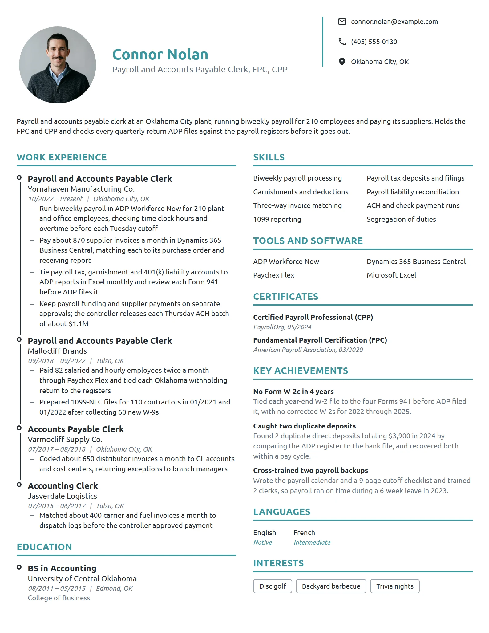 Payroll and Accounts Payable Clerk resume example
