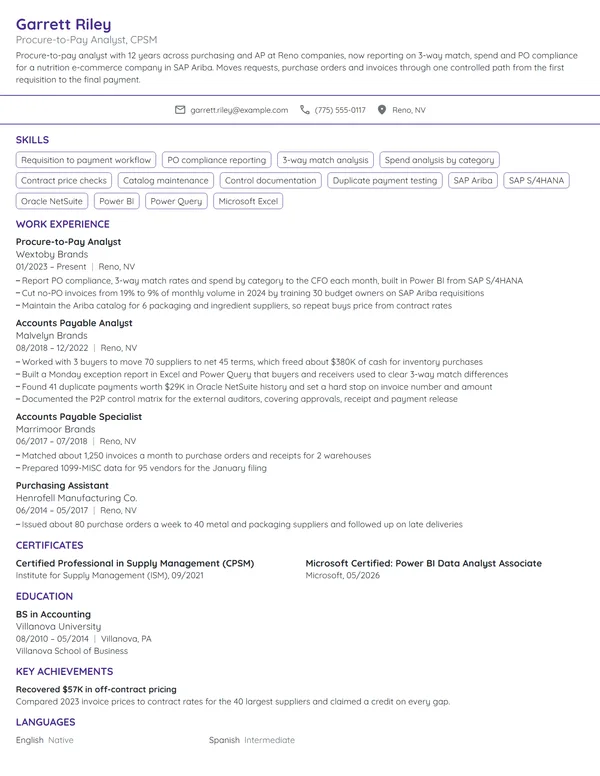 Procure-to-Pay Analyst resume example