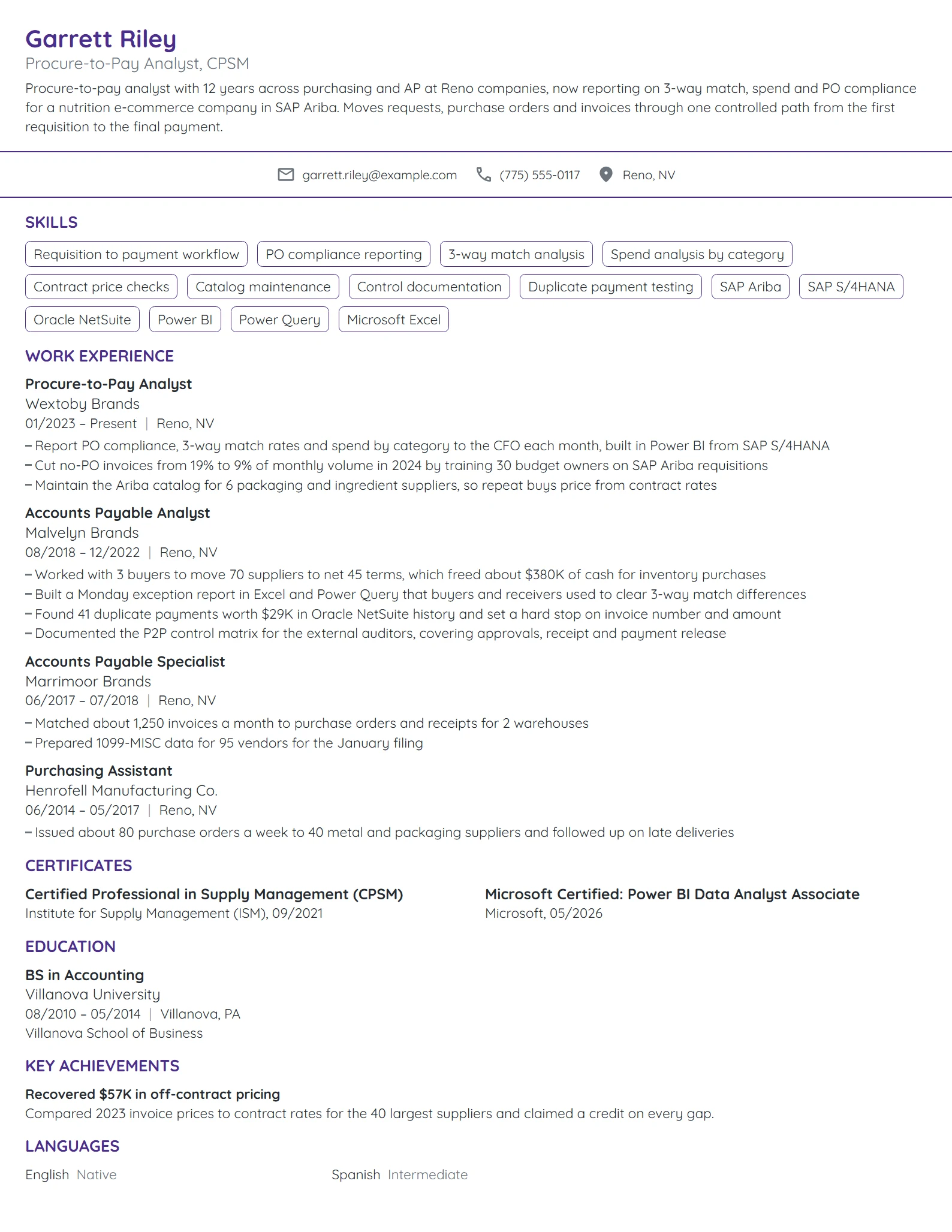 Procure-to-Pay Analyst resume example