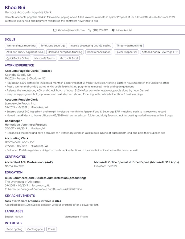 Remote Accounts Payable Clerk resume example
