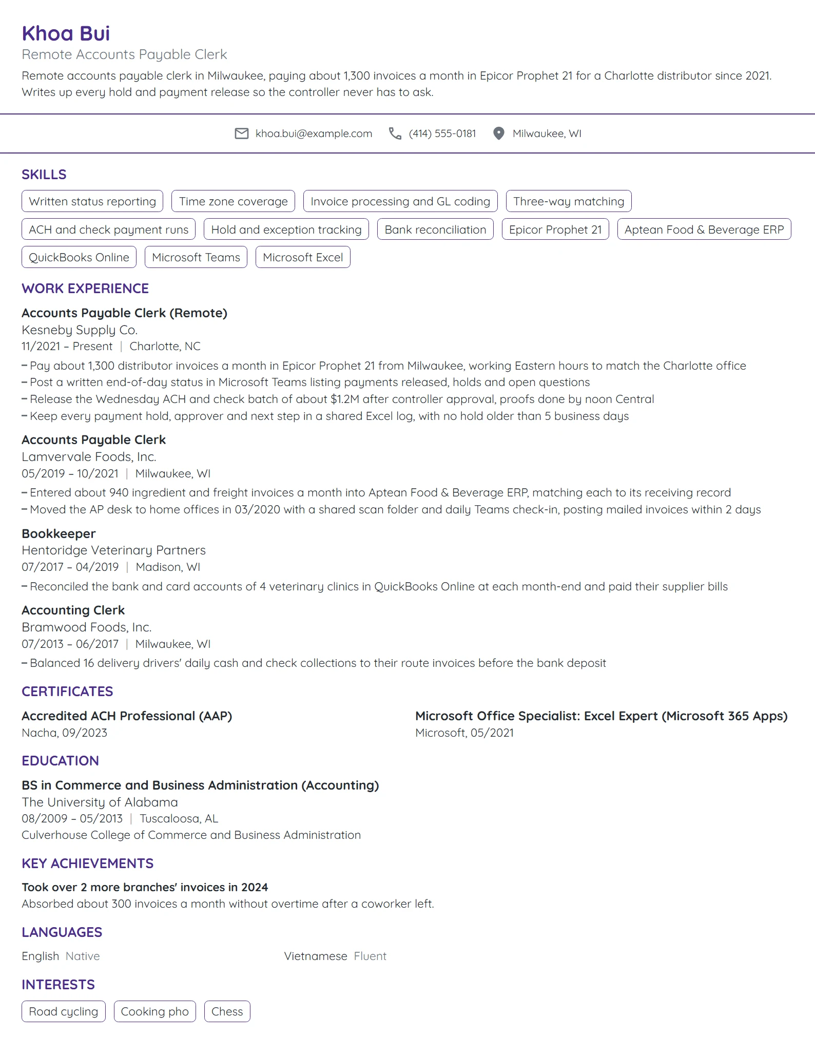 Remote Accounts Payable Clerk resume example