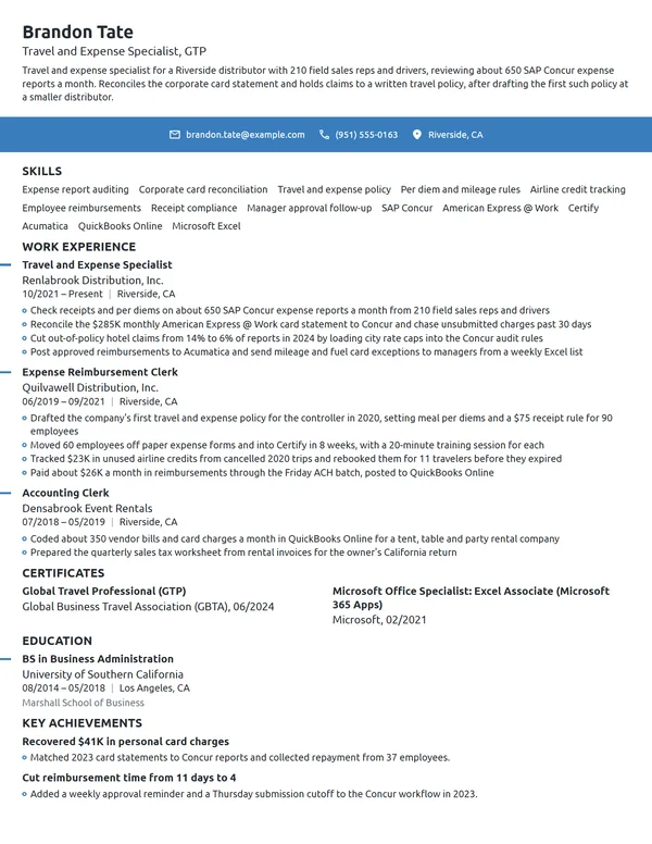 Travel and Expense Specialist resume example