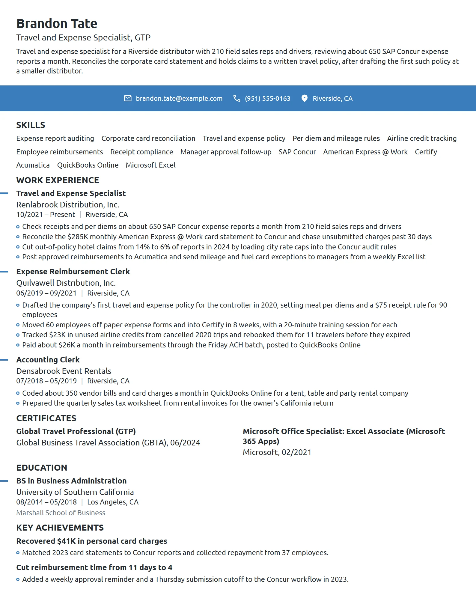Travel and Expense Specialist resume example