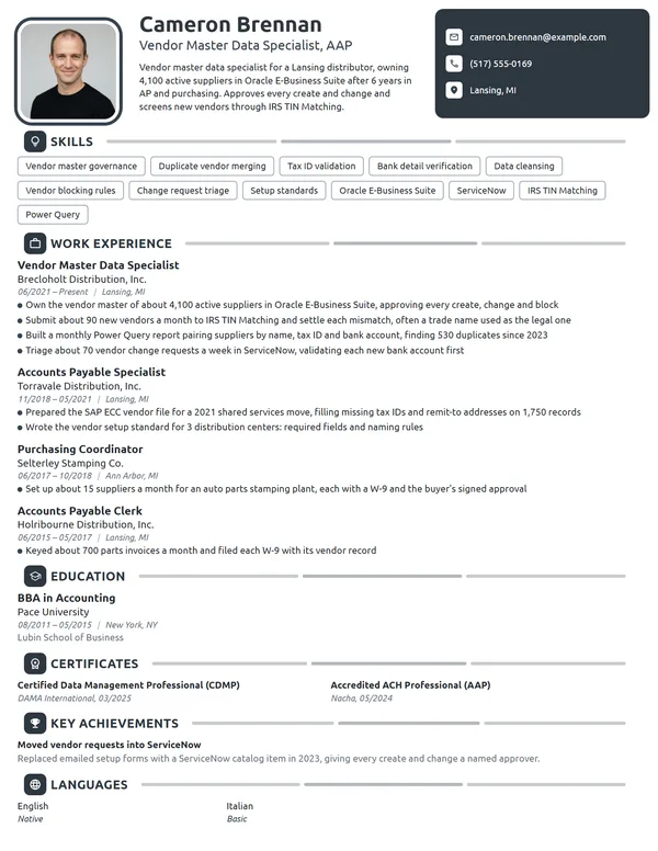 Vendor Master Data Specialist resume example