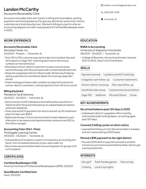 Accounts Receivable Clerk resume example